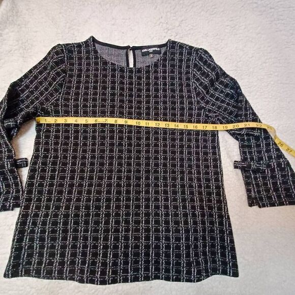 Karl Lagerfield Paris Windowpane Bow 3/4 Sleeve Blouse Top Black White Size S - Picture 5 of 8